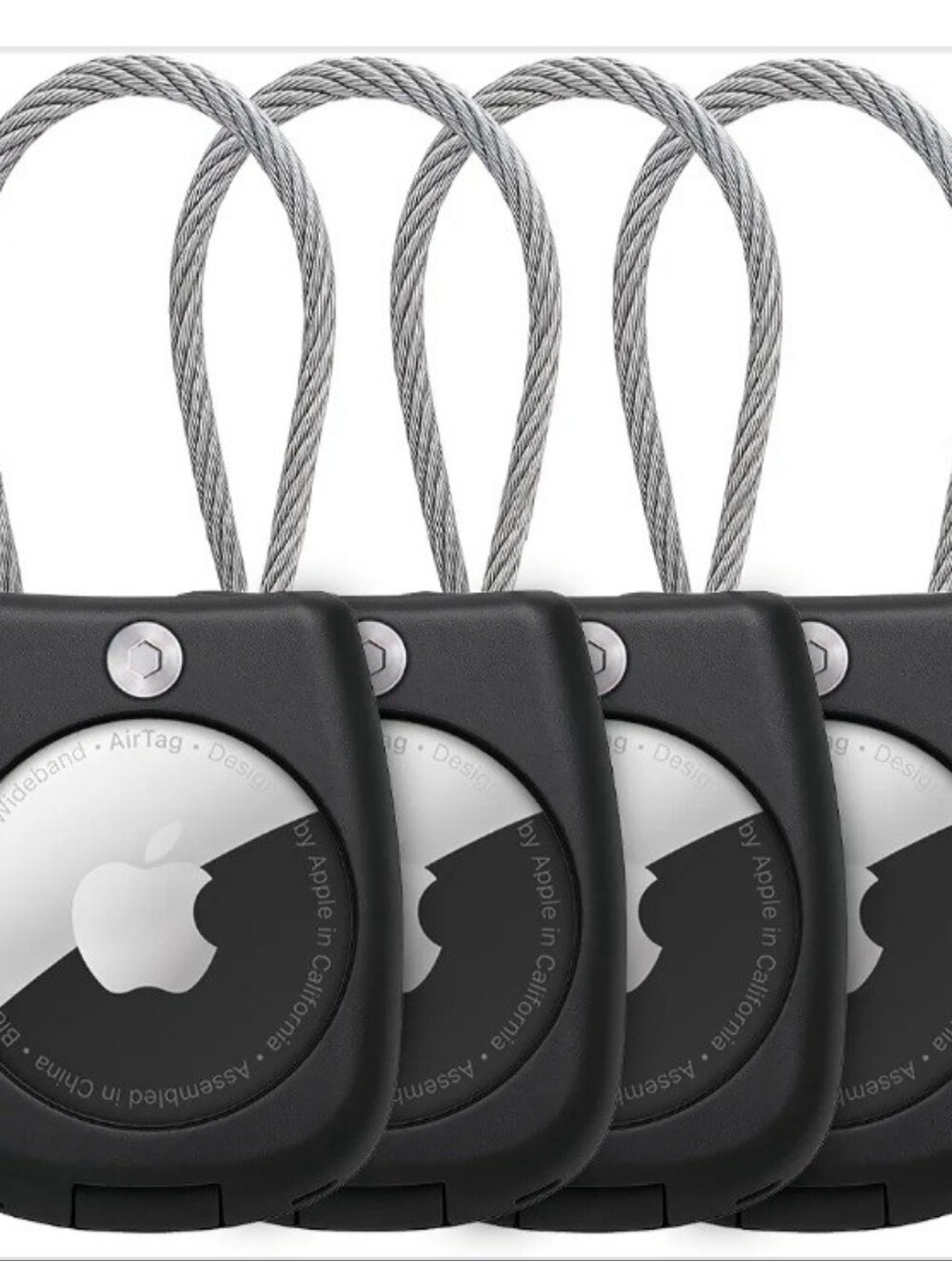 4 Pack AirTag Holders w/ Steel Cable Secure Lock Black Keychain Luggage Tags